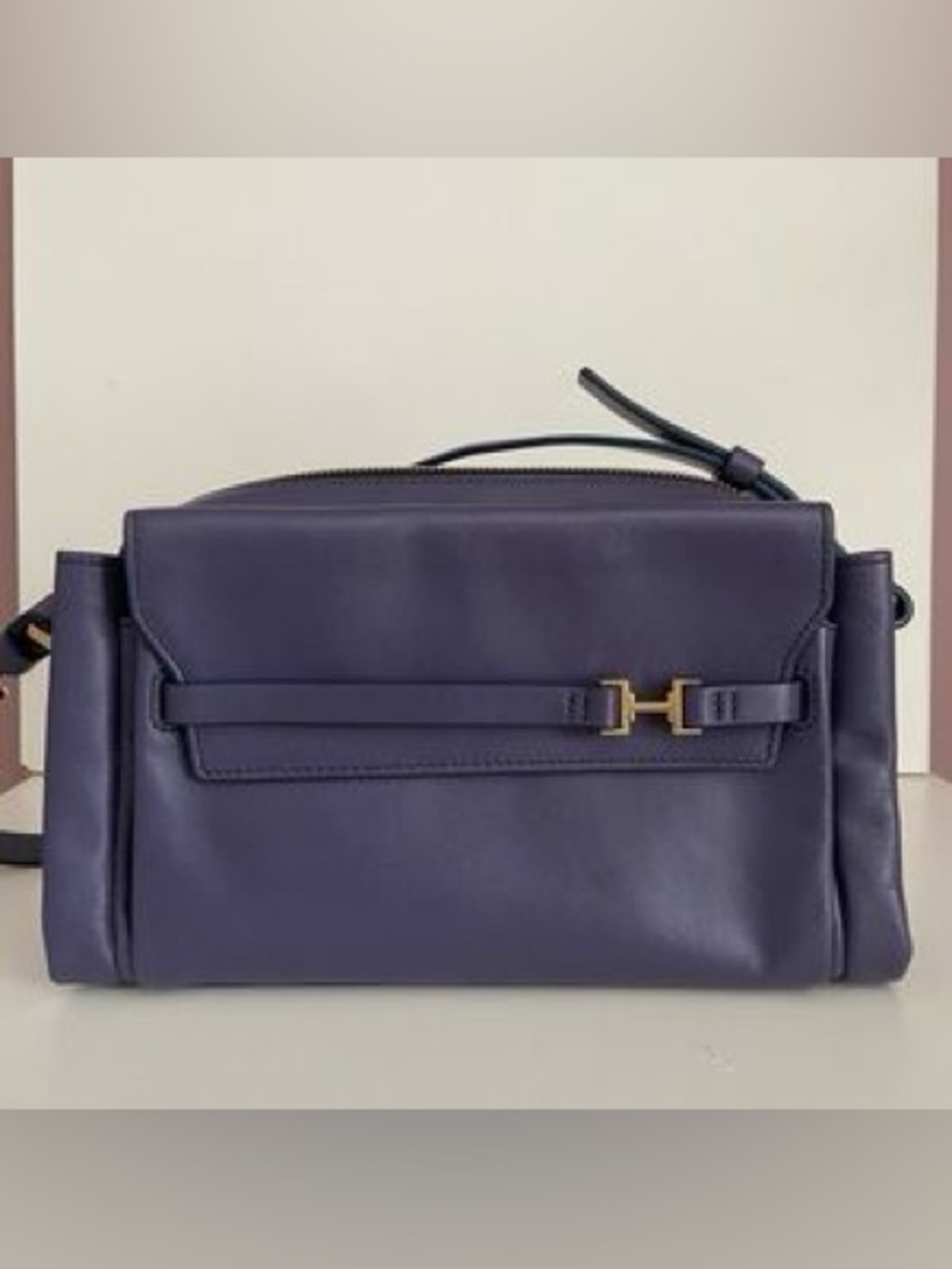 Halston Heritage Leather Crossbody Purse Envelope Flap Indigo Purple